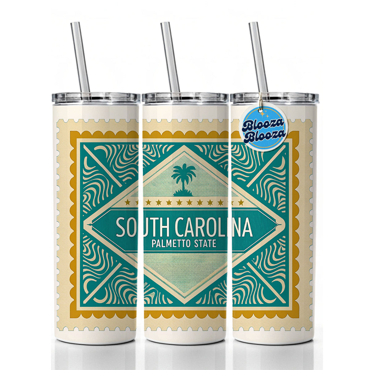 South Carolina SC Palmetto State Travel Vacation Stamp Skinny Tumbler 20oz with Straw Insulated Water Bottle Gift