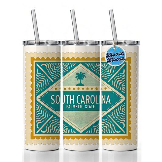 South Carolina SC Palmetto State Travel Vacation Stamp Skinny Tumbler 20oz with Straw Insulated Water Bottle Gift