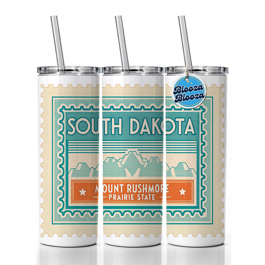 South Dakota SD Mount Rushmore Prairie State Travel Vacation Stamp Skinny Tumbler 20oz with Straw Insulated Water Bottle Gift