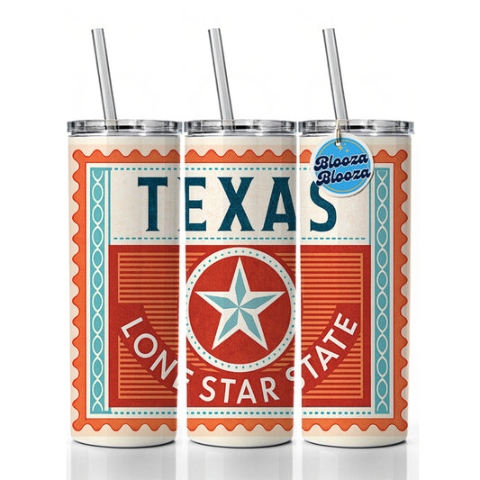 Texas TX Lone Star State Travel Vacation Stamp Skinny Tumbler 20oz with Straw Insulated Water Bottle Gift
