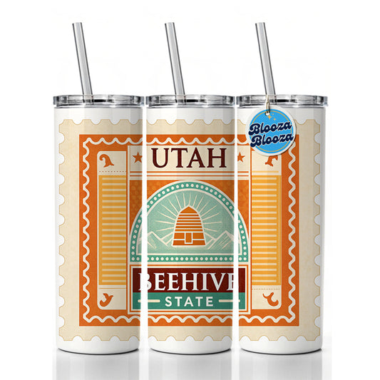 Utah UT Beehive State Travel Vacation Stamp Skinny Tumbler 20oz with Straw Insulated Water Bottle Gift