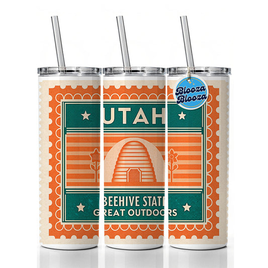 Utah UT Great Outdoors Beehive State Travel Vacation Stamp Skinny Tumbler 20oz with Straw Insulated Water Bottle Gift