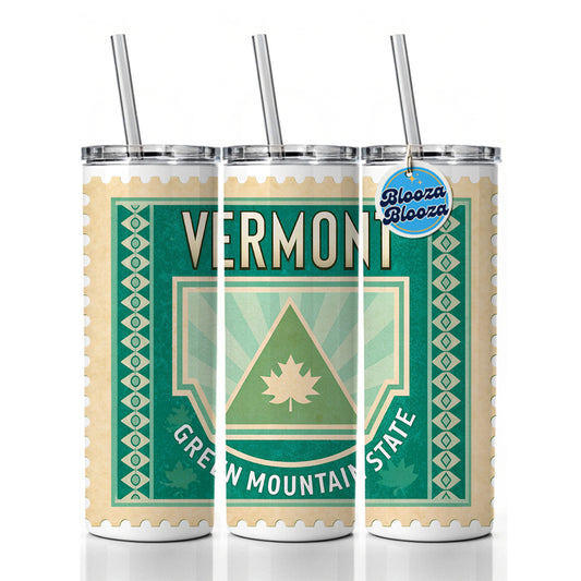 Vermont VT Green Mountain State Travel Vacation Stamp Skinny Tumbler 20oz with Straw Insulated Water Bottle Gift