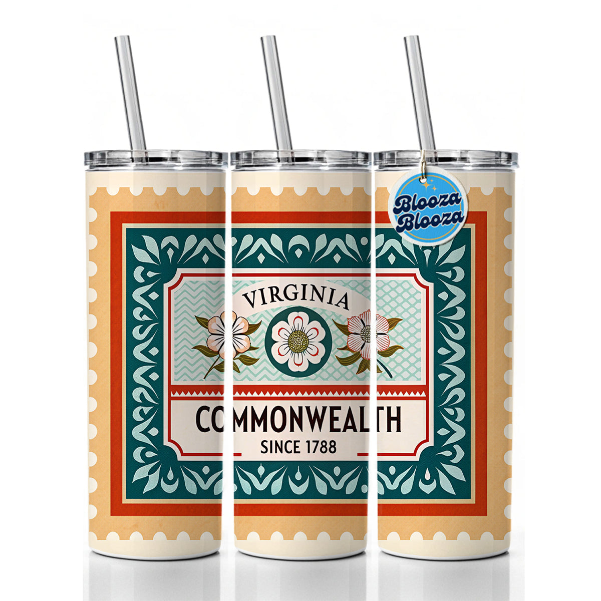 Virginia VA Commonwealth State Travel Vacation Stamp Skinny Tumbler 20oz with Straw Insulated Water Bottle Gift