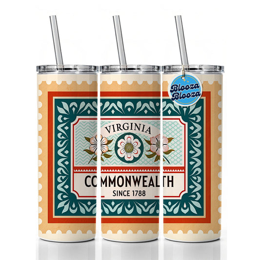 Virginia VA Commonwealth State Travel Vacation Stamp Skinny Tumbler 20oz with Straw Insulated Water Bottle Gift