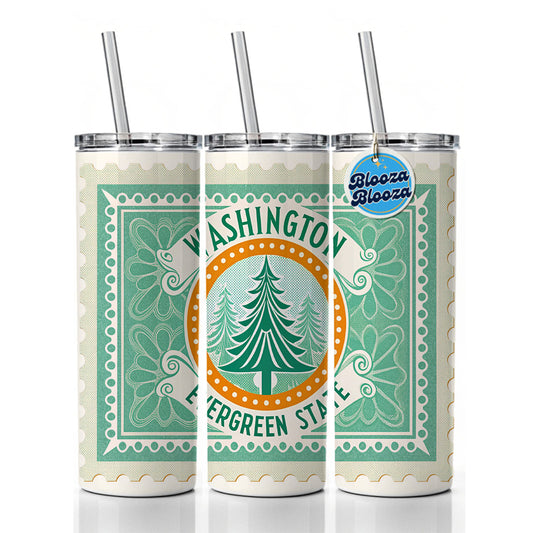 Washington WA Evergreen State Travel Vacation Stamp Skinny Tumbler 20oz with Straw Insulated Water Bottle Gift