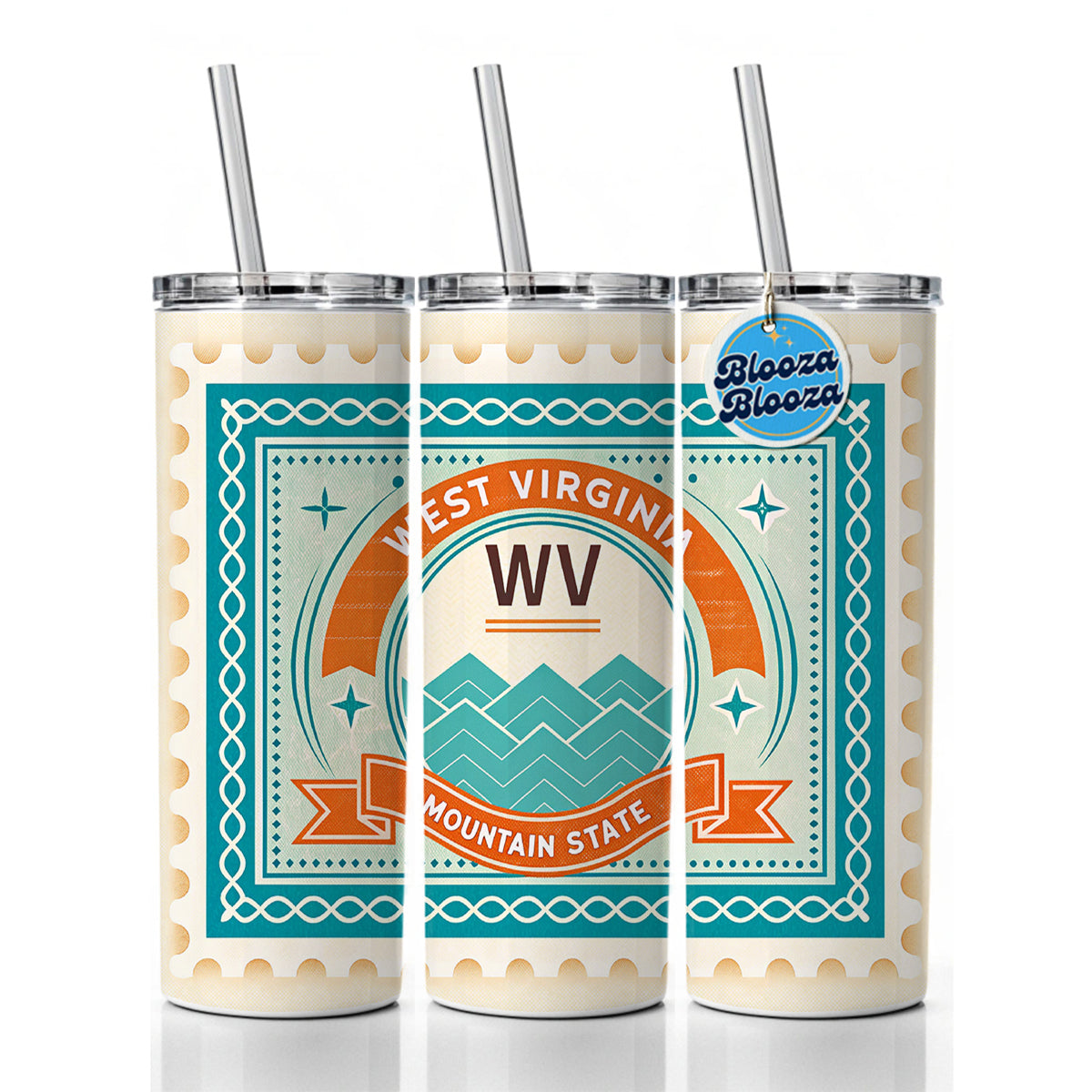 West Virginia WV Mountain State Travel Vacation Stamp Skinny Tumbler 20oz with Straw Insulated Water Bottle Gift