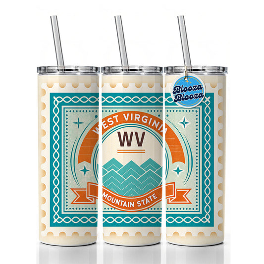 West Virginia WV Mountain State Travel Vacation Stamp Skinny Tumbler 20oz with Straw Insulated Water Bottle Gift