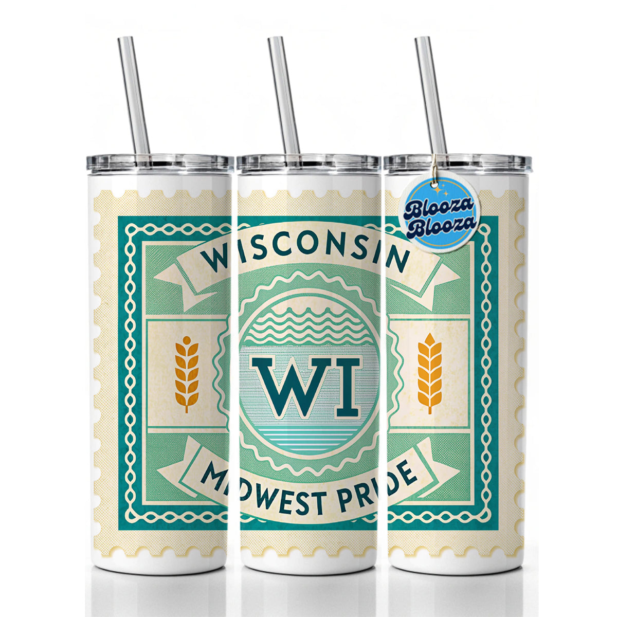 Wisconsin WI Midwest Pride State Travel Vacation Stamp Skinny Tumbler 20oz with Straw Insulated Water Bottle Gift