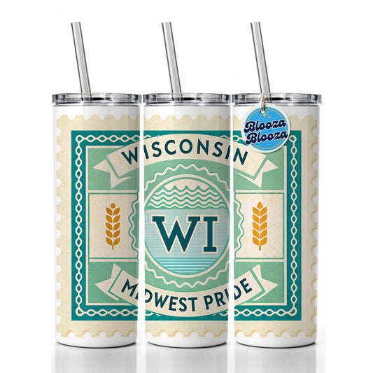 Wisconsin WI Midwest Pride State Travel Vacation Stamp Skinny Tumbler 20oz with Straw Insulated Water Bottle Gift