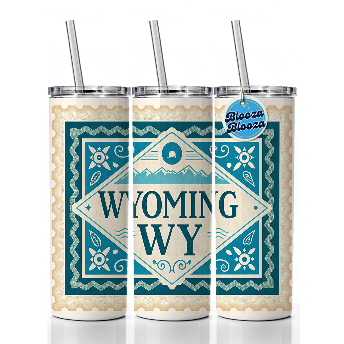 Wyoming WY State Travel Vacation Stamp Skinny Tumbler 20oz with Straw Insulated Water Bottle Gift