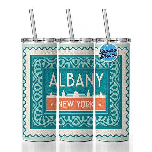 Albany NY New York Travel Vacation Stamp Skinny Tumbler 20oz with Straw Insulated Water Bottle Gift