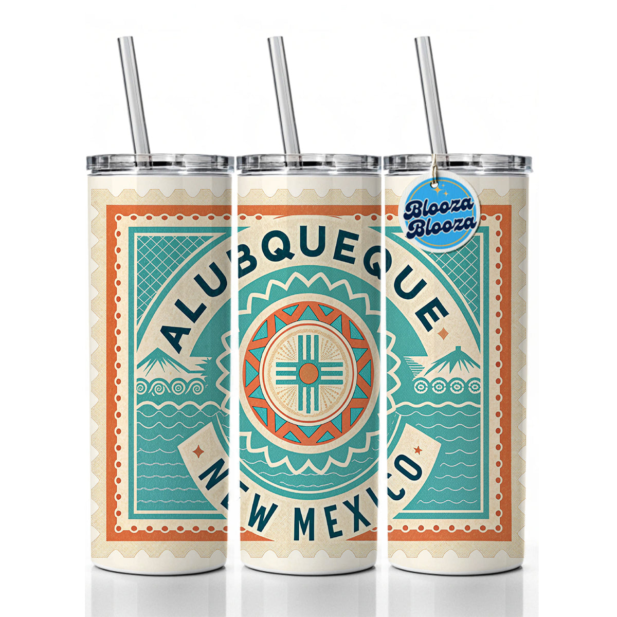 Albuquerque NM New Mexico Travel Vacation Stamp Skinny Tumbler 20oz with Straw Insulated Water Bottle Gift