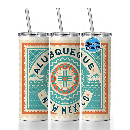 Albuquerque NM New Mexico Travel Vacation Stamp Skinny Tumbler 20oz with Straw Insulated Water Bottle Gift