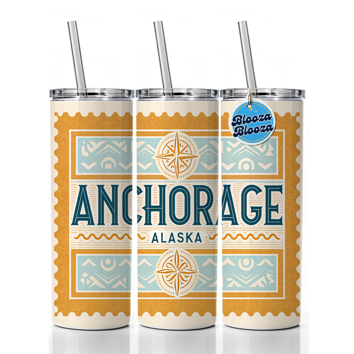 Anchorage AK Alaska Travel Vacation Stamp Skinny Tumbler 20oz with Straw Insulated Water Bottle Gift