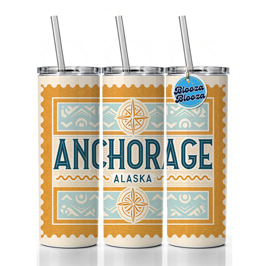 Anchorage AK Alaska Travel Vacation Stamp Skinny Tumbler 20oz with Straw Insulated Water Bottle Gift