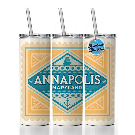 Annapolis MD Maryland Travel Vacation Stamp Skinny Tumbler 20oz with Straw Insulated Water Bottle Gift