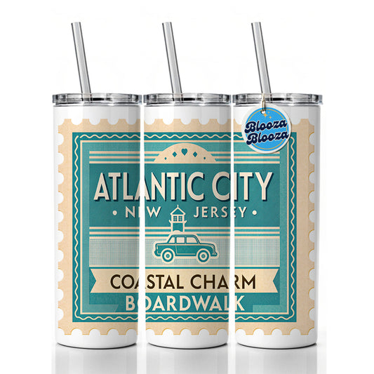 Atlantic City NJ Boardwalk Travel Vacation Stamp Skinny Tumbler 20oz with Straw Insulated Water Bottle Gift