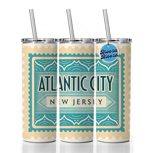 Atlantic City NJ New Jersey Travel Vacation Stamp Skinny Tumbler 20oz with Straw Insulated Water Bottle Gift