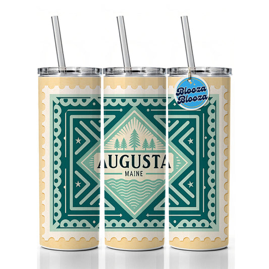 Augusta MA Maine Travel Vacation Stamp Skinny Tumbler 20oz with Straw Insulated Water Bottle Gift