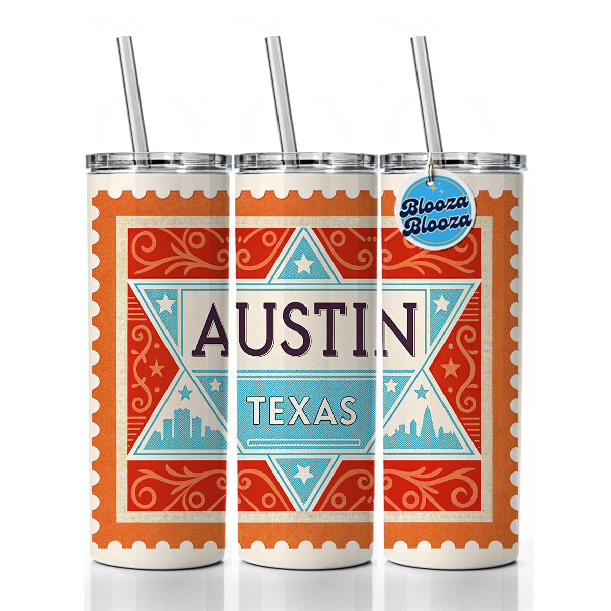 Austin TX Texas Star Travel Vacation Stamp Skinny Tumbler 20oz with Straw Insulated Water Bottle Gift