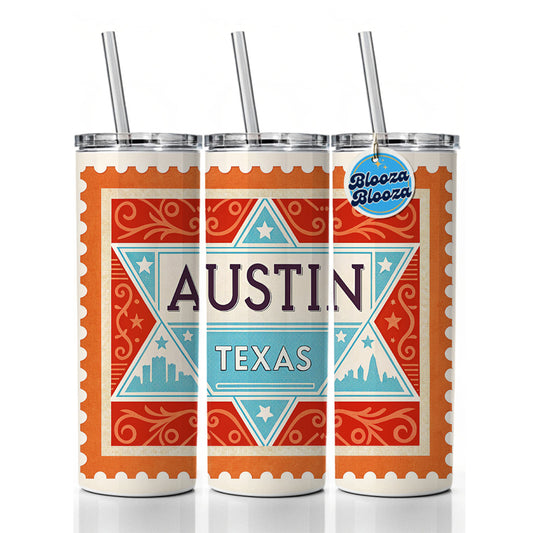 Austin TX Texas Star Travel Vacation Stamp Skinny Tumbler 20oz with Straw Insulated Water Bottle Gift