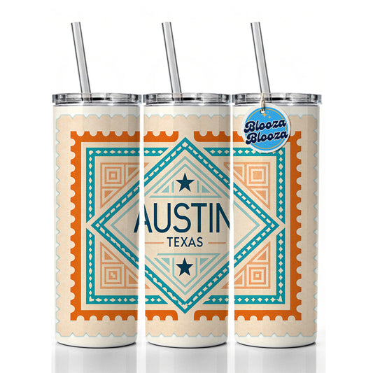 Austin TX Texas Travel Vacation Stamp Skinny Tumbler 20oz with Straw Insulated Water Bottle Gift