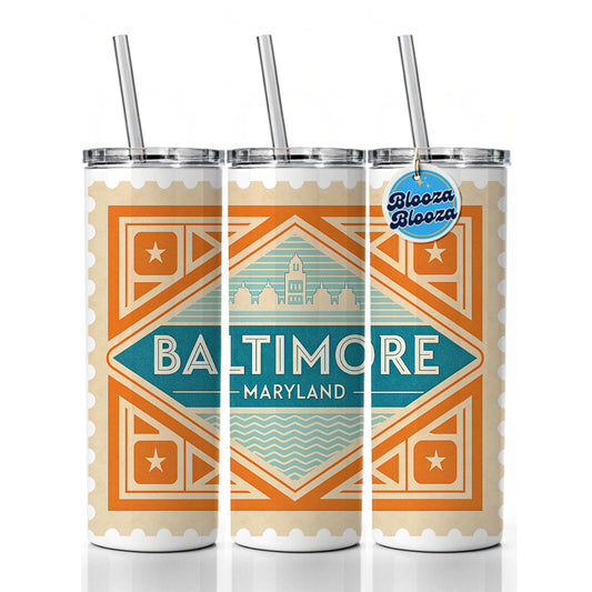 Baltimore MD Maryland Travel Vacation Stamp Skinny Tumbler 20oz with Straw Insulated Water Bottle Gift