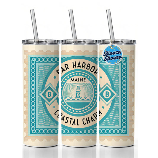 Bar Harbor ME Maine Travel Vacation Stamp Skinny Tumbler 20oz with Straw Insulated Water Bottle Gift