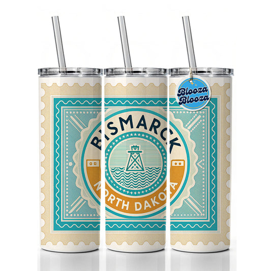 Bismarck ND North Dakota Travel Vacation Stamp Skinny Tumbler 20oz with Straw Insulated Water Bottle Gift