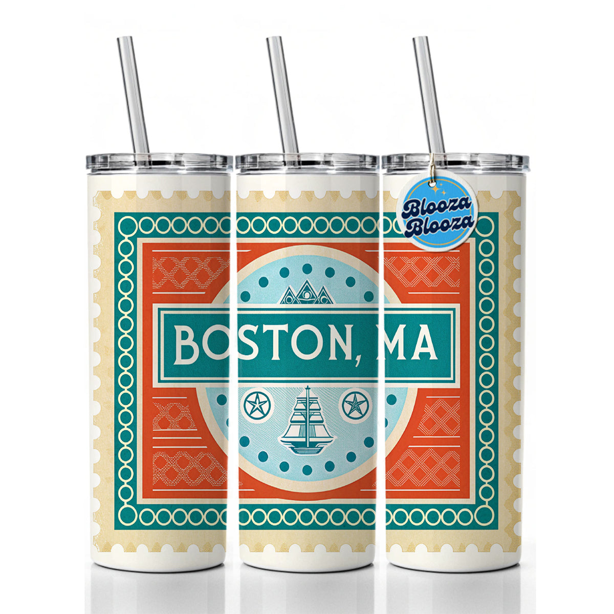 Boston MA Massachusetts Travel Vacation Stamp Skinny Tumbler 20oz with Straw Insulated Water Bottle Gift