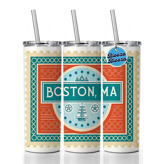 Boston MA Massachusetts Travel Vacation Stamp Skinny Tumbler 20oz with Straw Insulated Water Bottle Gift