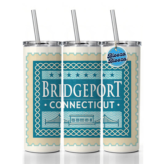 Bridgeport CT Connecticut Travel Vacation Stamp Skinny Tumbler 20oz with Straw Insulated Water Bottle Gift