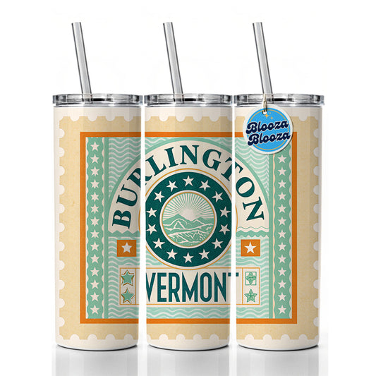Burlington VT Vermont Travel Vacation Stamp Skinny Tumbler 20oz with Straw Insulated Water Bottle Gift