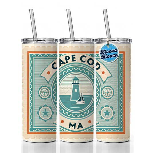 Cape Cod MA Massachusetts Travel Vacation Stamp Skinny Tumbler 20oz with Straw Insulated Water Bottle Gift