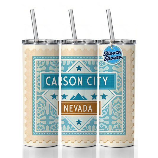 Carson City NV Nevada Travel Vacation Stamp Skinny Tumbler 20oz with Straw Insulated Water Bottle Gift