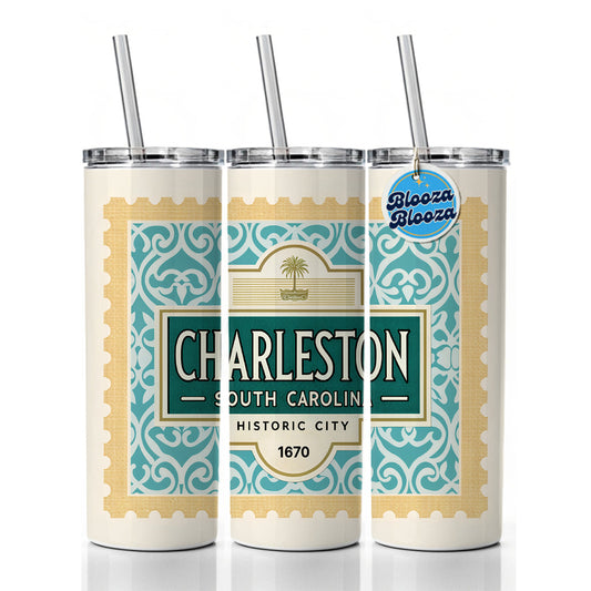 Charleston SC South Carolina Travel Vacation Stamp Skinny Tumbler 20oz with Straw Insulated Water Bottle Gift