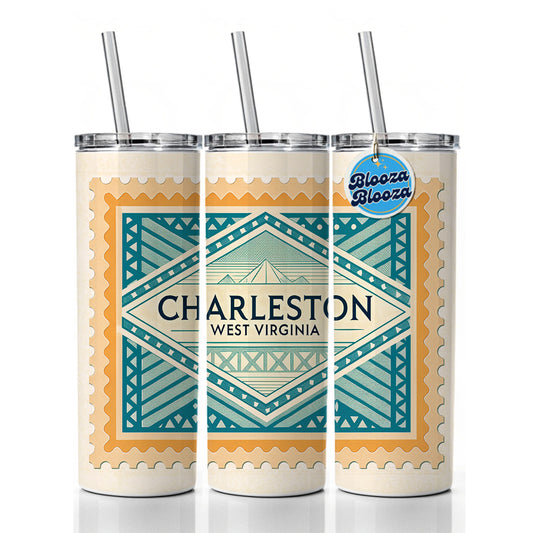 Charleston WV West Virginia Travel Vacation Stamp Skinny Tumbler 20oz with Straw Insulated Water Bottle Gift