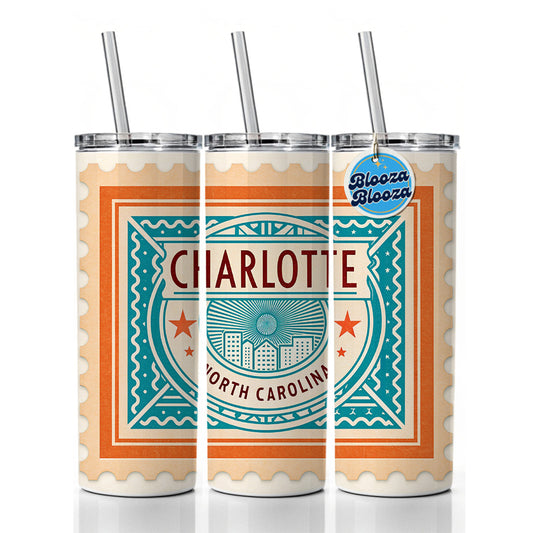 Charlotte NC North Carolina Travel Vacation Stamp Skinny Tumbler 20oz with Straw Insulated Water Bottle Gift