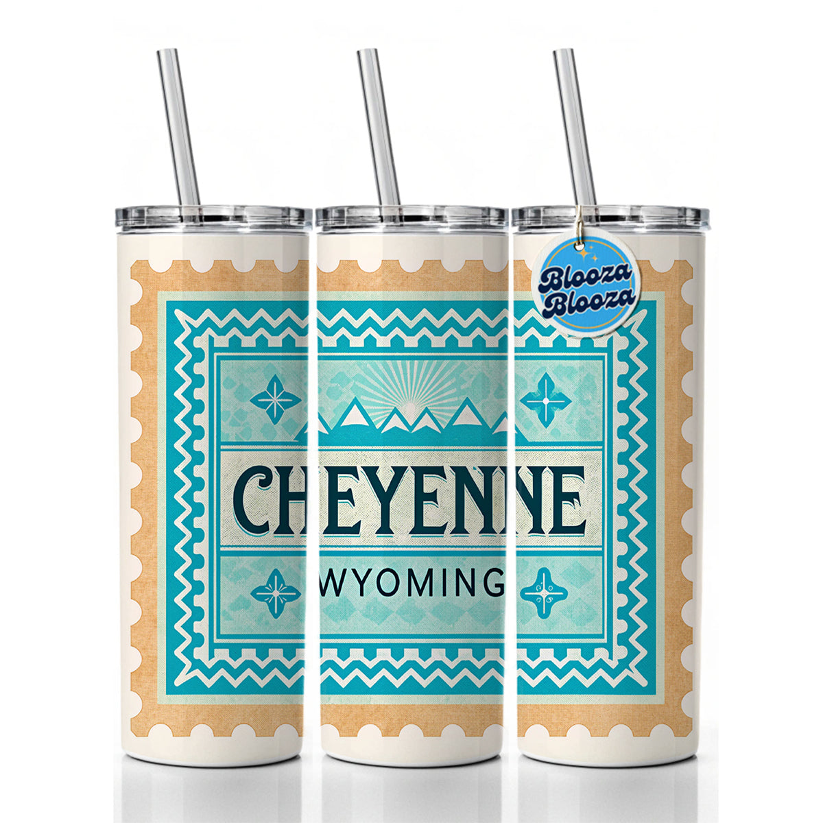 Cheyenne WY Wyoming Travel Vacation Stamp Skinny Tumbler 20oz with Straw Insulated Water Bottle Gift