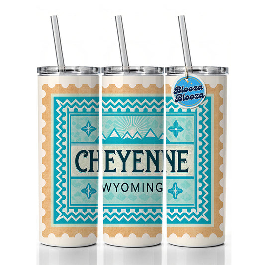 Cheyenne WY Wyoming Travel Vacation Stamp Skinny Tumbler 20oz with Straw Insulated Water Bottle Gift