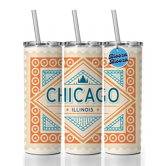 Chicago IL Illinois Travel Vacation Stamp Skinny Tumbler 20oz with Straw Insulated Water Bottle Gift