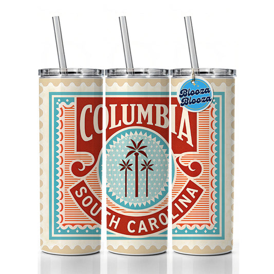 Columbia SC South Carolina Travel Vacation Stamp Skinny Tumbler 20oz with Straw Insulated Water Bottle Gift