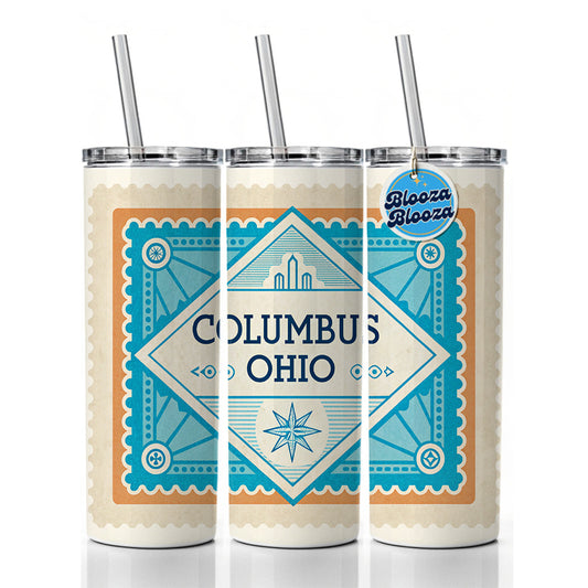Columbus OH Ohio Travel Vacation Stamp Skinny Tumbler 20oz with Straw Insulated Water Bottle Gift