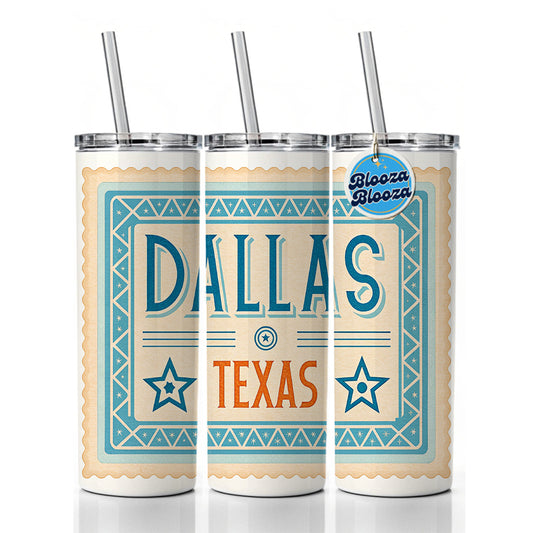 Dallas TX Texas Travel Vacation Stamp Skinny Tumbler 20oz with Straw Insulated Water Bottle Gift
