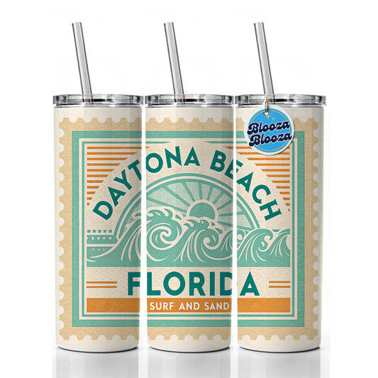 Daytona Beach FL Florida Surf and Sand Travel Vacation Stamp Skinny Tumbler 20oz with Straw Insulated Water Bottle Gift