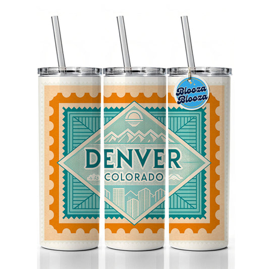 Denver CO Colorado Travel Vacation Stamp Skinny Tumbler 20oz with Straw Insulated Water Bottle Gift