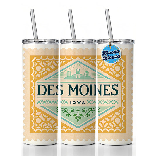 Des Moines IA Iowa Travel Vacation Stamp Skinny Tumbler 20oz with Straw Insulated Water Bottle Gift