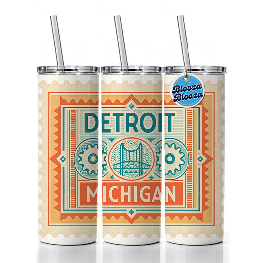 Detroit MI Michigan Travel Vacation Stamp Skinny Tumbler 20oz with Straw Insulated Water Bottle Gift