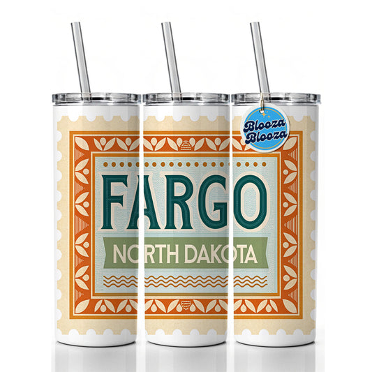 Fargo ND North Dakota Travel Vacation Stamp Skinny Tumbler 20oz with Straw Insulated Water Bottle Gift